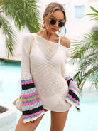 Rainbow Stripe Openwork Boat Neck Cover-Up - FleekGoddess