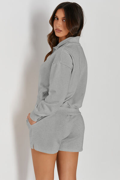 FleeceFlex Half Button Sweatshirt and Shorts Active Set - FleekGoddess