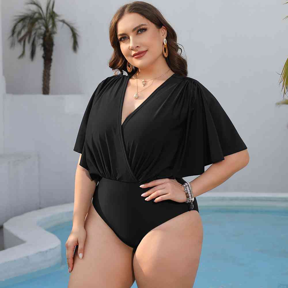 Fleek Goddess Plus Size Ruched Surplice Neck One-Piece Swimsuit - FleekGoddess