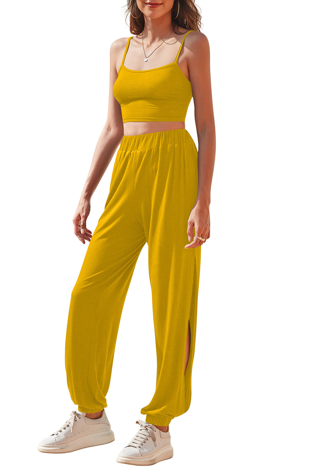 FleeceFlex Cropped Cami and Side Split Joggers Set - FleekGoddess