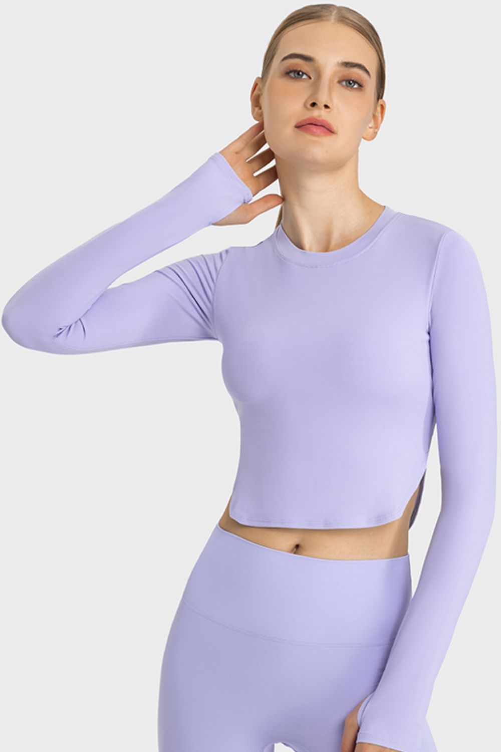 TrainTech Side Slit Long Sleeve Round Neck Crop Top - FleekGoddess