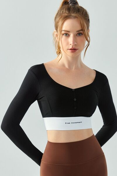 Square Neck Decorative Button Long Sleeve Active T-Shirt - FleekGoddess