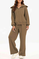 FleeceFlex Half Zip Collared Neck Sweatshirt and Pants Set - FleekGoddess