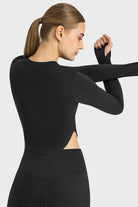 TrainTech Side Slit Long Sleeve Round Neck Crop Top - FleekGoddess