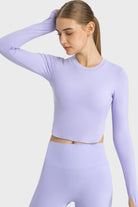 TrainTech Side Slit Long Sleeve Round Neck Crop Top - FleekGoddess