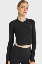 TrainTech Side Slit Long Sleeve Round Neck Crop Top - FleekGoddess