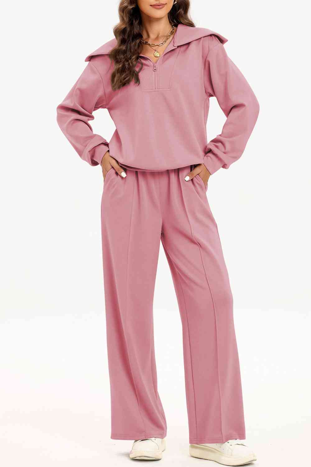 FleeceFlex Half Zip Collared Neck Sweatshirt and Pants Set - FleekGoddess