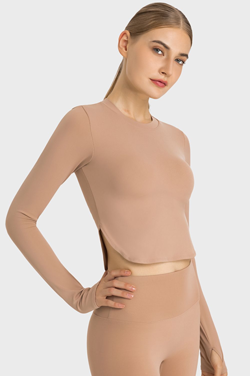 TrainTech Side Slit Long Sleeve Round Neck Crop Top - FleekGoddess