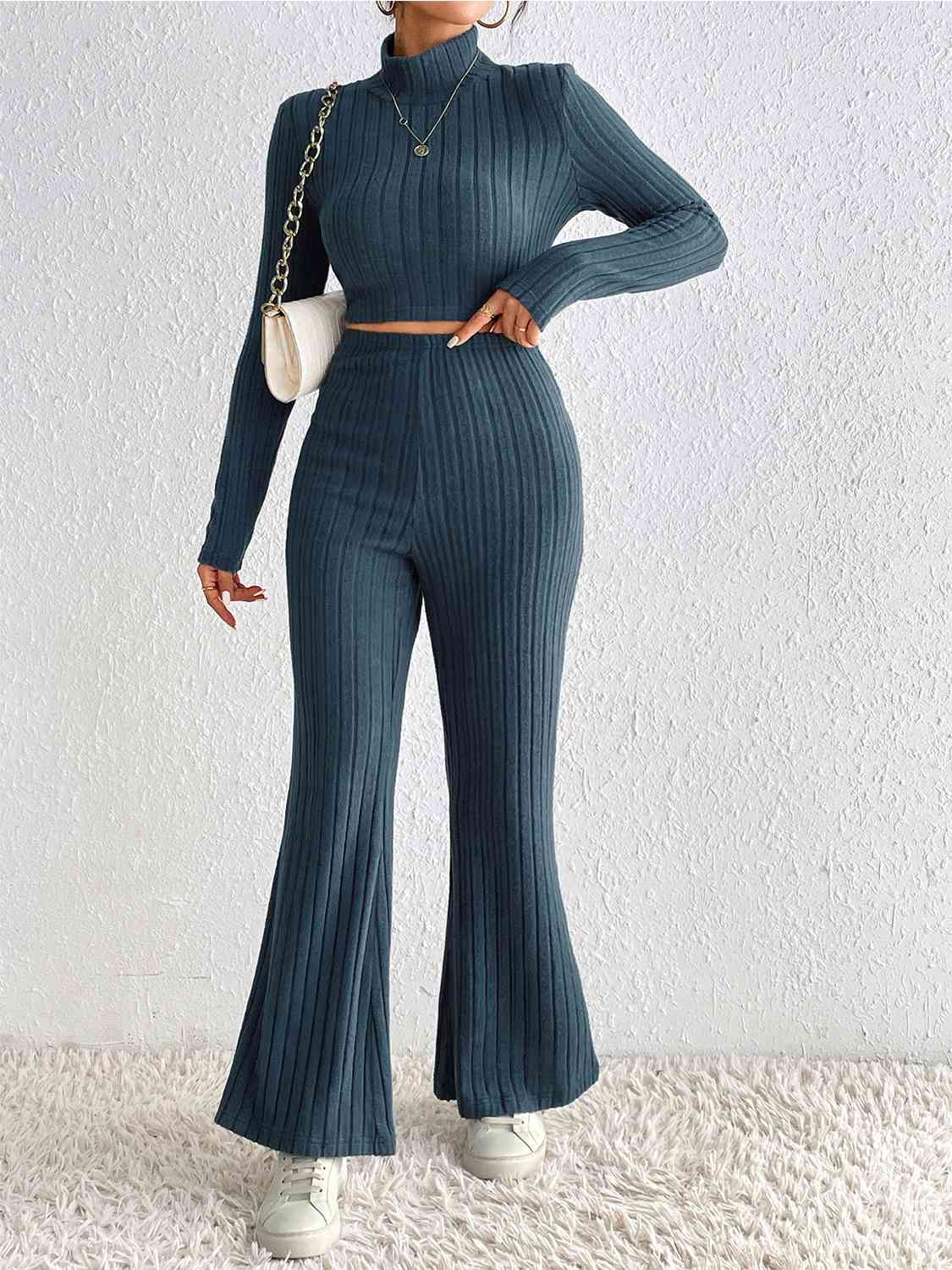 YogaFlex Ribbed Mock Neck Cropped Sweater & High Waist Pants Set - FleekGoddess