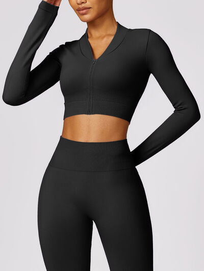 TrainTech Zip Up Baseball Collar Outerwear and High Waist Pants Active Set - FleekGoddess