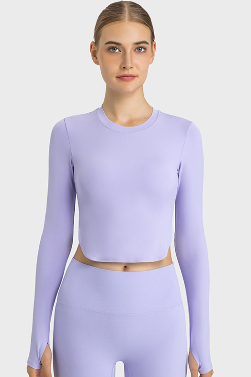 TrainTech Side Slit Long Sleeve Round Neck Crop Top - FleekGoddess