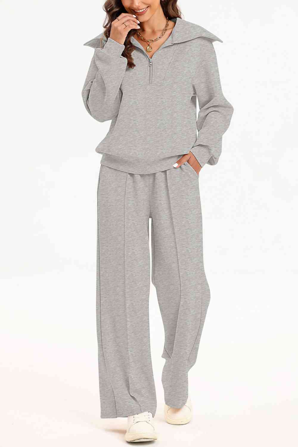 FleeceFlex Half Zip Collared Neck Sweatshirt and Pants Set - FleekGoddess