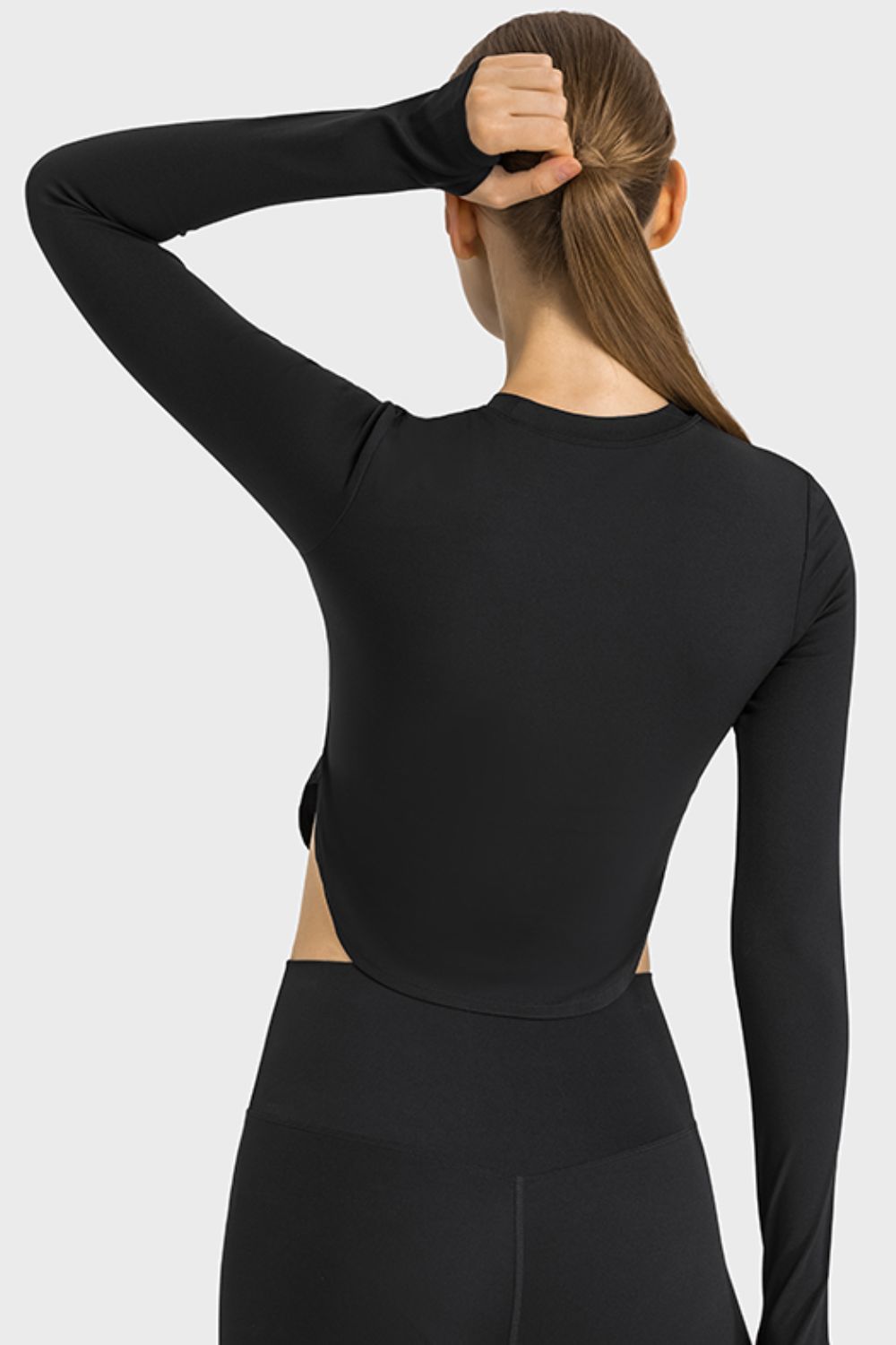 TrainTech Side Slit Long Sleeve Round Neck Crop Top - FleekGoddess