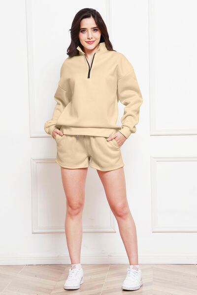 FleeceFlex Half Zip Long Sleeve Sweatshirt and Drawstring Shorts Set - FleekGoddess