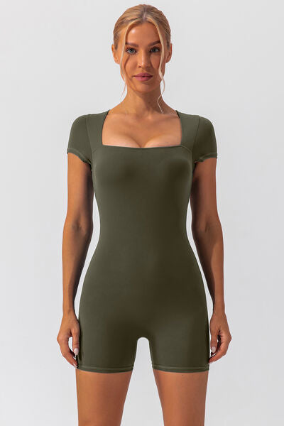 Square Neck Cap Sleeve Active Romper - FleekGoddess