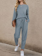 FleekGoddess Round Neck Top and Drawstring Pants Set - FleekGoddess