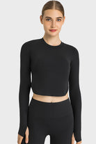 TrainTech Side Slit Long Sleeve Round Neck Crop Top - FleekGoddess