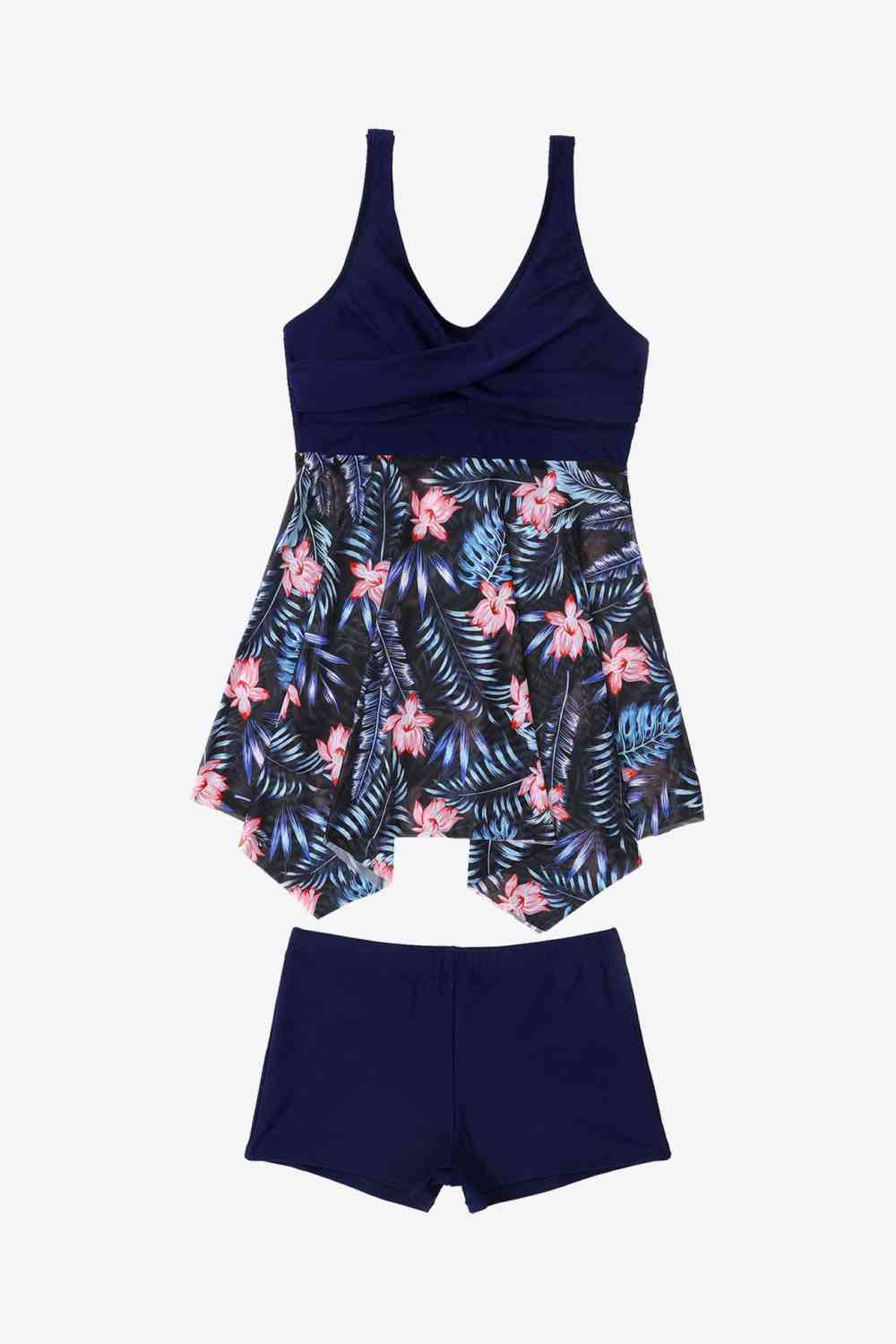FleekGoddess Plus Size Floral Two-Tone Asymmetrical Hem Two-Piece Swimsuit - FleekGoddess