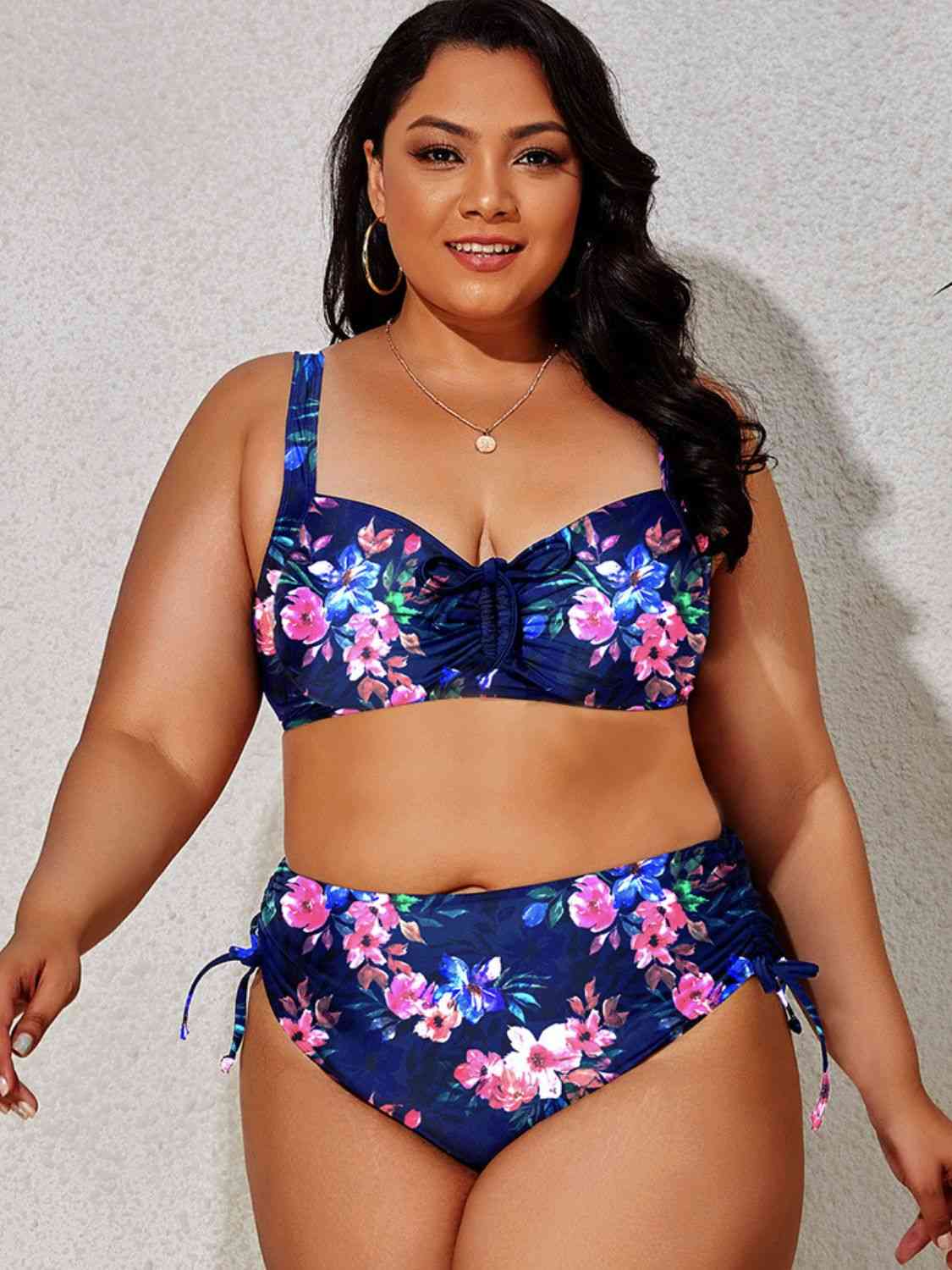 Fleek Goddess Plus Size Printed Drawstring Detail Bikini Set - FleekGoddess