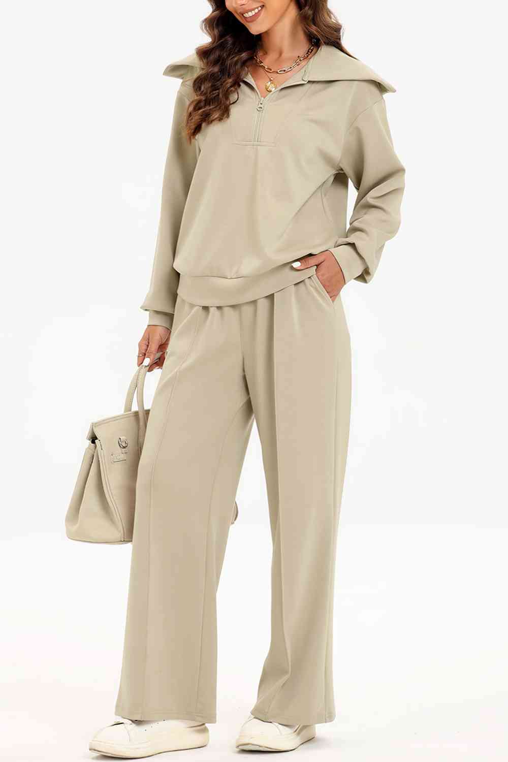 FleeceFlex Half Zip Collared Neck Sweatshirt and Pants Set - FleekGoddess