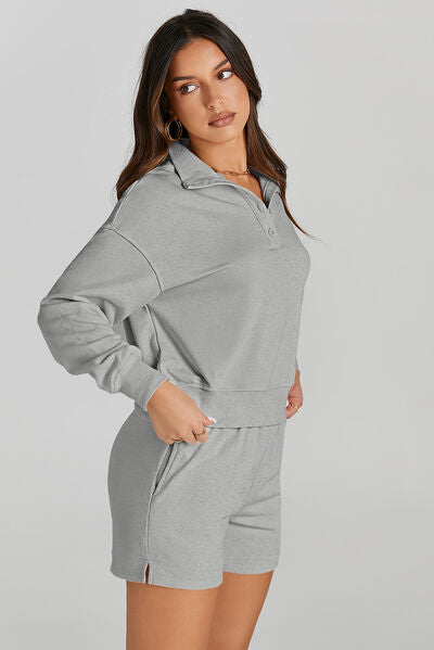 FleeceFlex Half Button Sweatshirt and Shorts Active Set - FleekGoddess