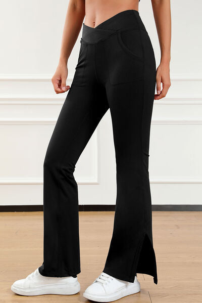 Wide Waistband Slit Bootcut Active Pants - FleekGoddess