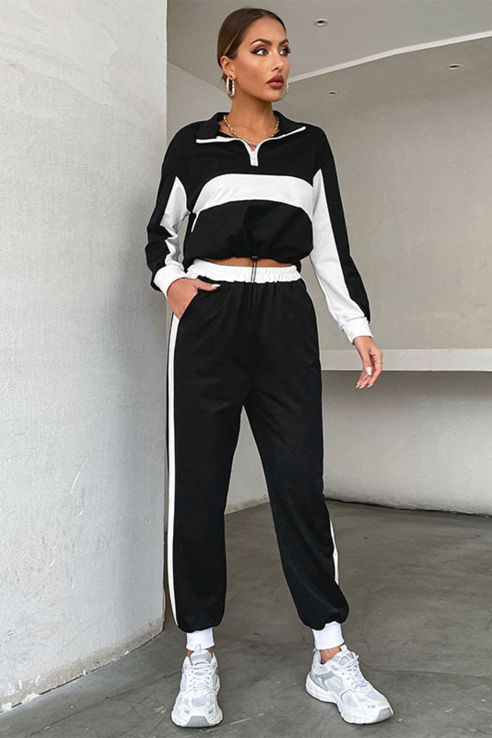 FleeceFlex Striped Half Zip Cropped Sweatshirt and Joggers Set - FleekGoddess