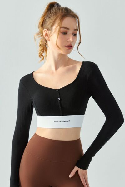 Square Neck Decorative Button Long Sleeve Active T-Shirt - FleekGoddess