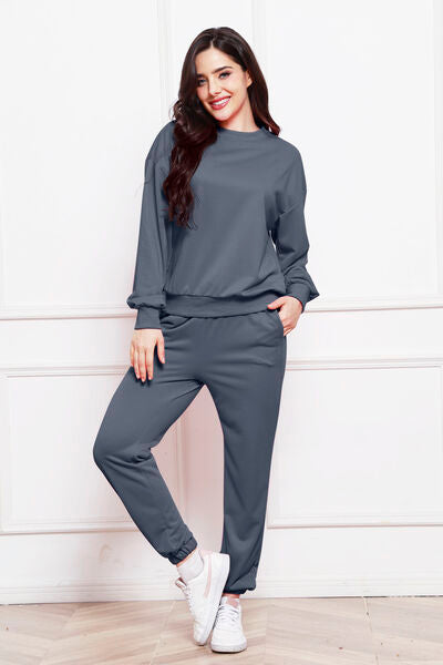 FleeceFlex Round Neck Long Sleeve Sweatshirt and Pants Set - FleekGoddess