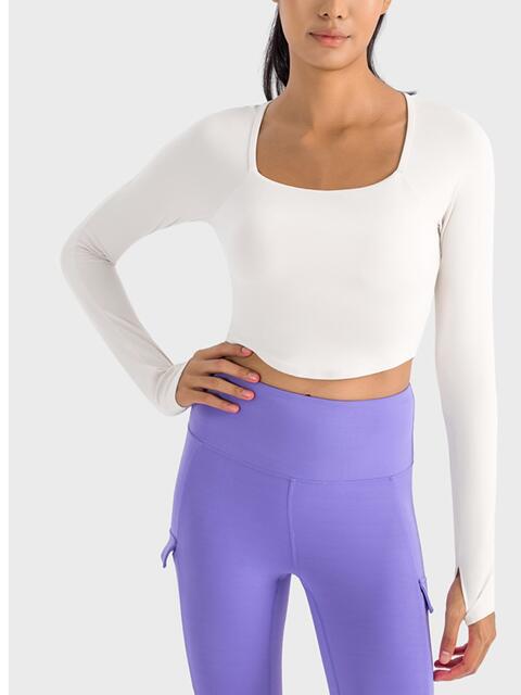 TrainTech Square Neck Long Sleeve Cropped Sports Top - FleekGoddess