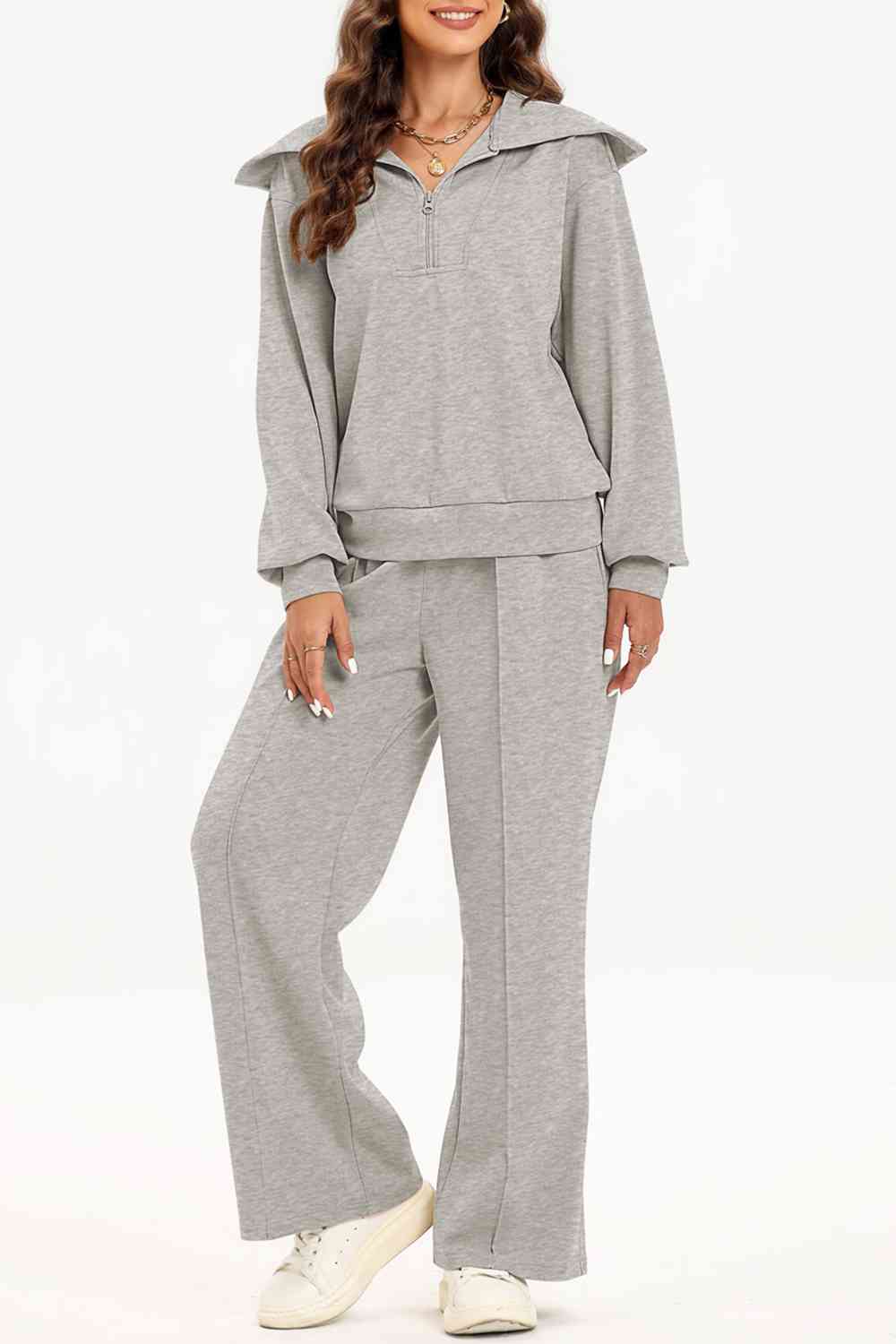 FleeceFlex Half Zip Collared Neck Sweatshirt and Pants Set - FleekGoddess