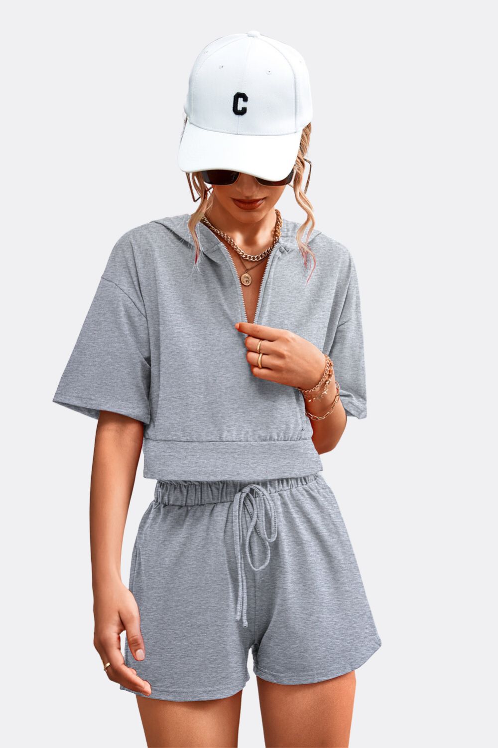 FleeceFlex Half Zip Cropped Hooded T-Shirt and Shorts Set - FleekGoddess